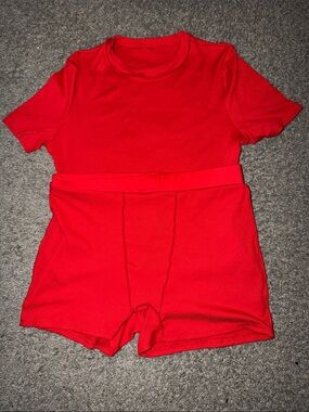 Red Women's Ribbed Pajama Set - Short Sleeve Top & Shorts